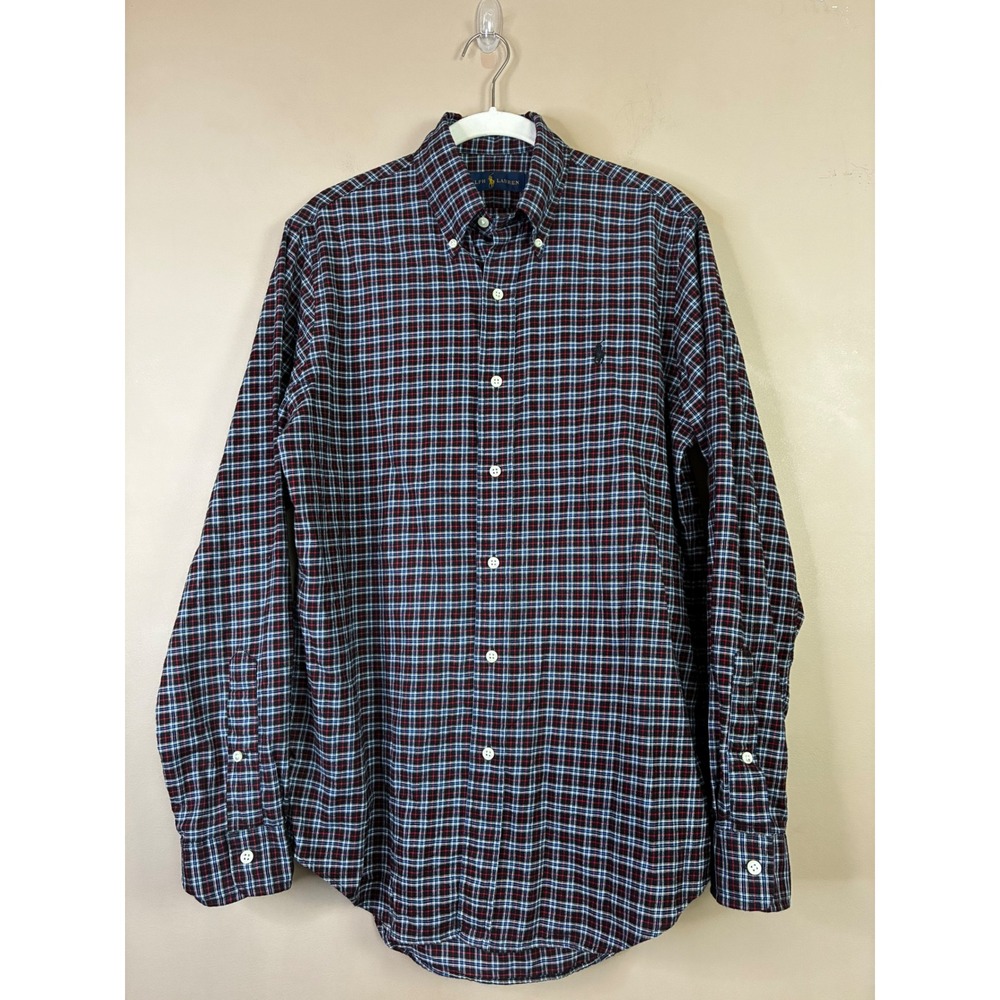 Ralph Lauren Mens Small Plaid Button Down Shirt Navy Red Cotton Long Sleeve